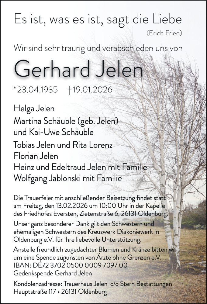  Traueranzeige für Gerhard Jelen vom 31.01.2026 aus Nordwest-Zeitung