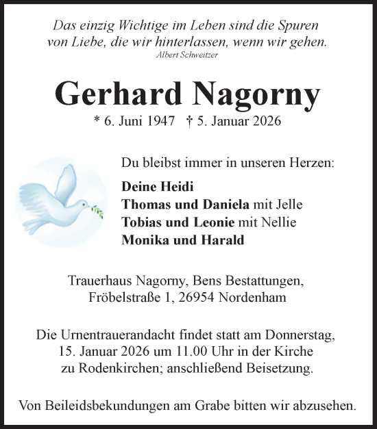 Traueranzeige von Gerhard Nagorny von Nordwest-Zeitung