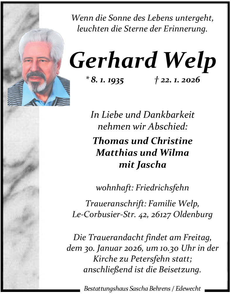  Traueranzeige für Gerhard Welp vom 24.01.2026 aus Nordwest-Zeitung
