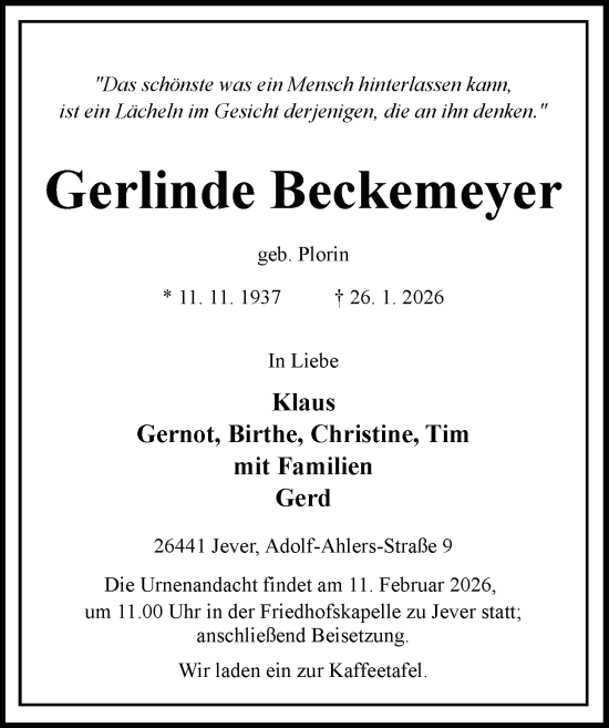 Traueranzeige von Gerlinde Beckemeyer von WZ/JW/AH