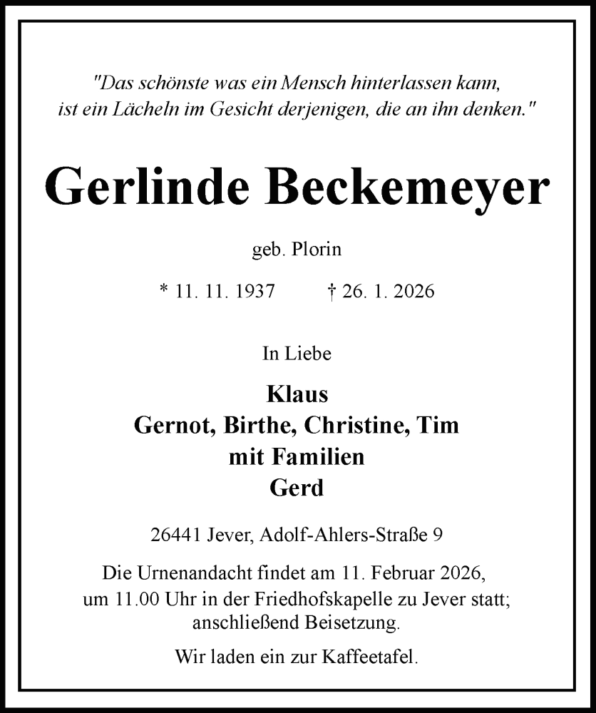  Traueranzeige für Gerlinde Beckemeyer vom 31.01.2026 aus WZ/JW/AH