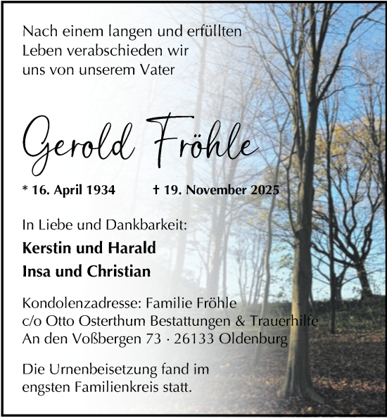 Traueranzeige von Gerold Fröhle von Nordwest-Zeitung