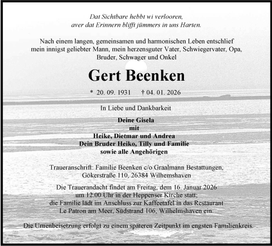 Traueranzeige von Gert Beenken von WZ/JW/AH
