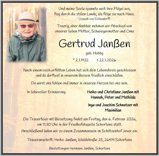 Traueranzeige von Gertrud Janßen von WZ/JW/AH