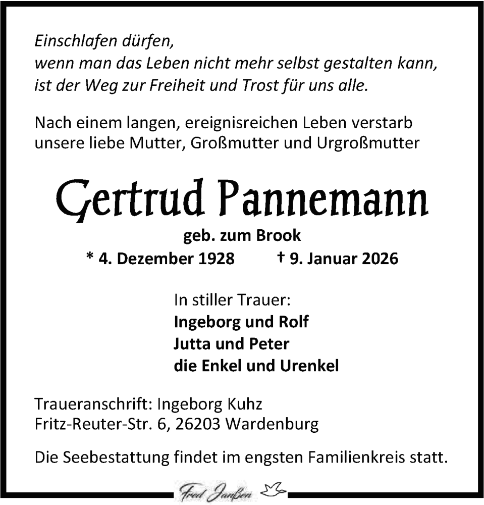  Traueranzeige für Gertrud Pannemann vom 17.01.2026 aus Nordwest-Zeitung