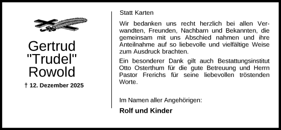 Traueranzeige von Gertrud Rowold von Nordwest-Zeitung