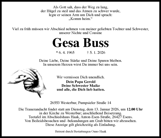 Traueranzeige von Gesa Buss von WZ/JW/AH