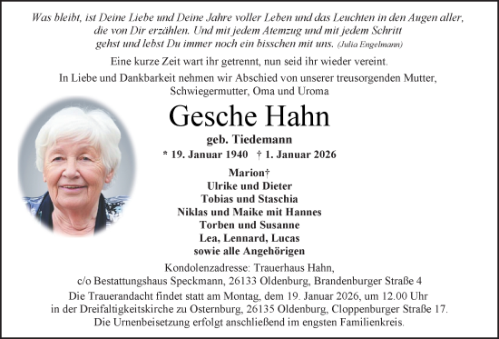Traueranzeige von Gesche Hahn von Nordwest-Zeitung