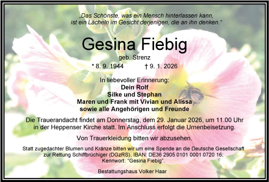 Traueranzeige von Gesina Fiebig von WZ/JW/AH