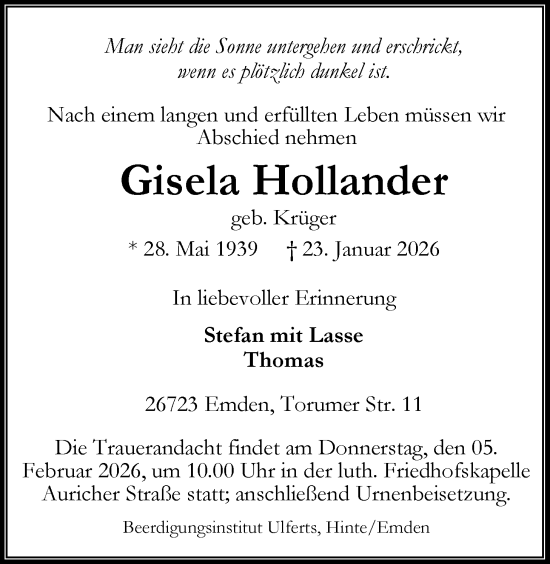Traueranzeige von Gisela Hollander von Emder Zeitung