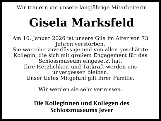 Traueranzeige von Gisela Marksfeld von WZ/JW/AH