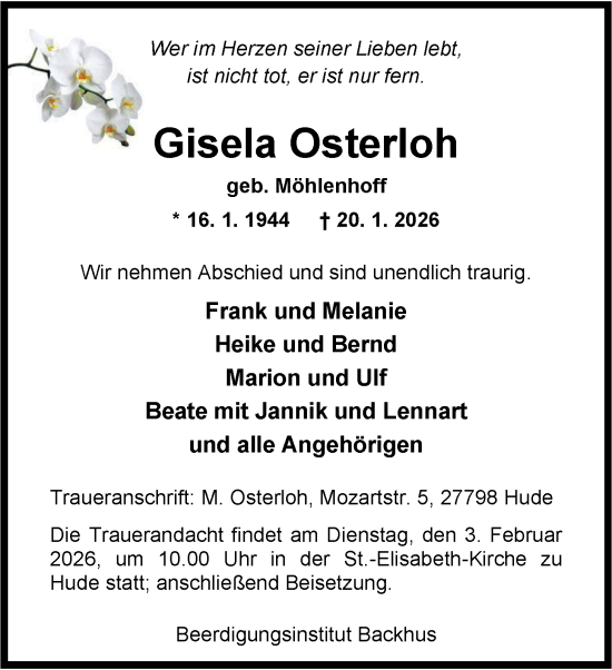 Traueranzeige von Gisela Osterloh von Nordwest-Zeitung