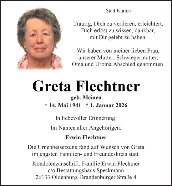Traueranzeige von Greta Flechtner von Nordwest-Zeitung
