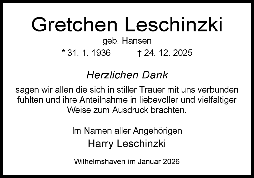  Traueranzeige für Gretchen Leschinzki vom 31.01.2026 aus WZ/JW/AH