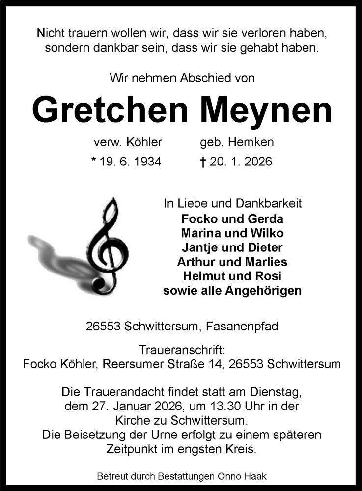  Traueranzeige für Gretchen Meynen vom 22.01.2026 aus WZ/JW/AH