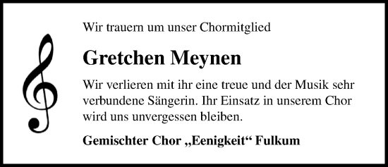 Traueranzeige von Gretchen Meynen von WZ/JW/AH