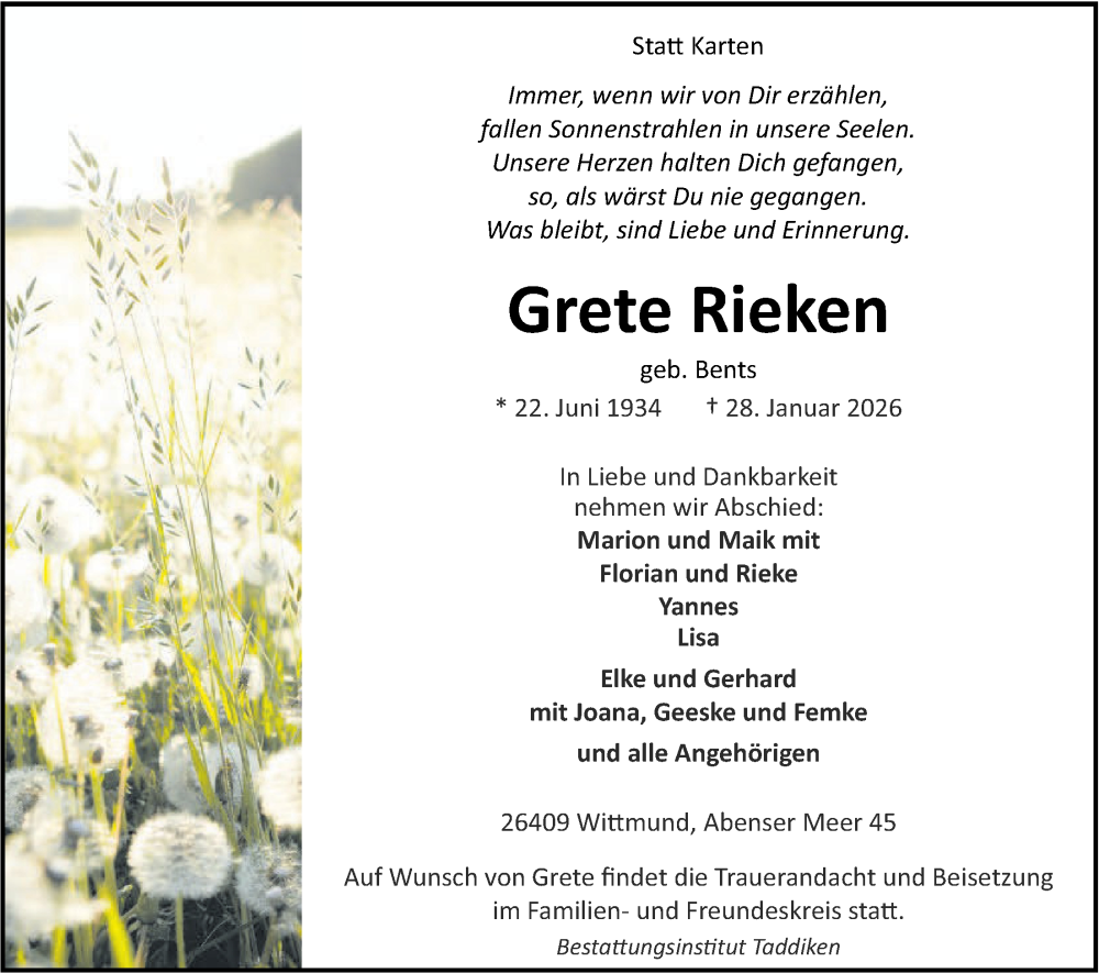  Traueranzeige für Grete Rieken vom 30.01.2026 aus WZ/JW/AH