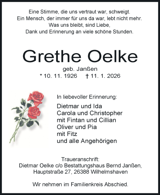 Traueranzeige von Grethe Oelke von WZ/JW/AH