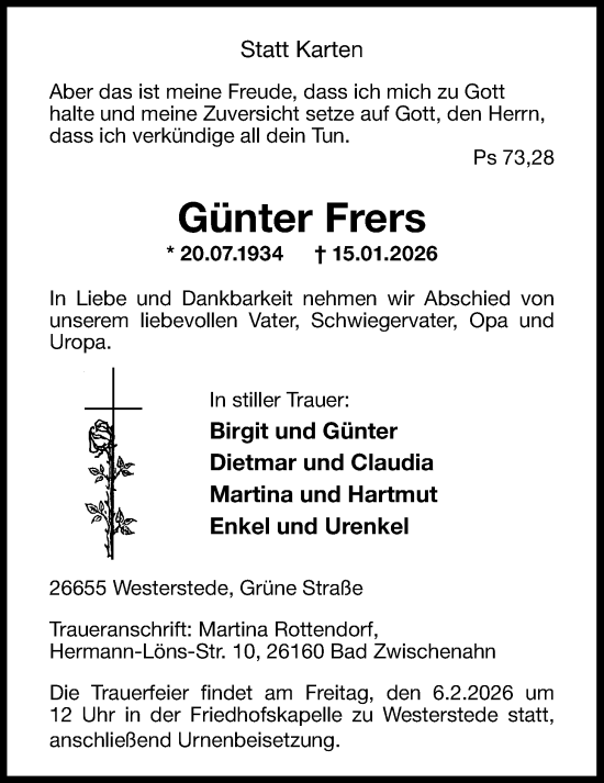 Traueranzeige von Günter Frers von Nordwest-Zeitung