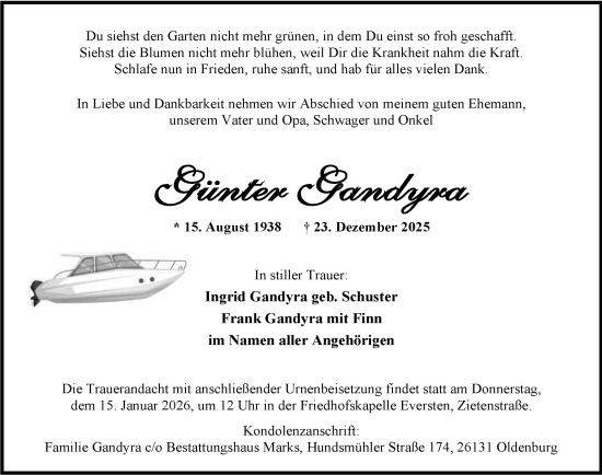 Traueranzeige von Günter Gandyra von Nordwest-Zeitung