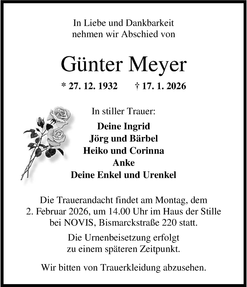  Traueranzeige für Günter Meyer vom 24.01.2026 aus WZ/JW/AH
