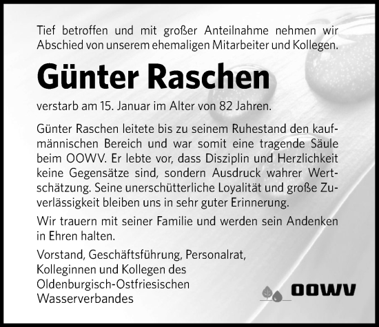Traueranzeige von Günter Raschen von Nordwest-Zeitung