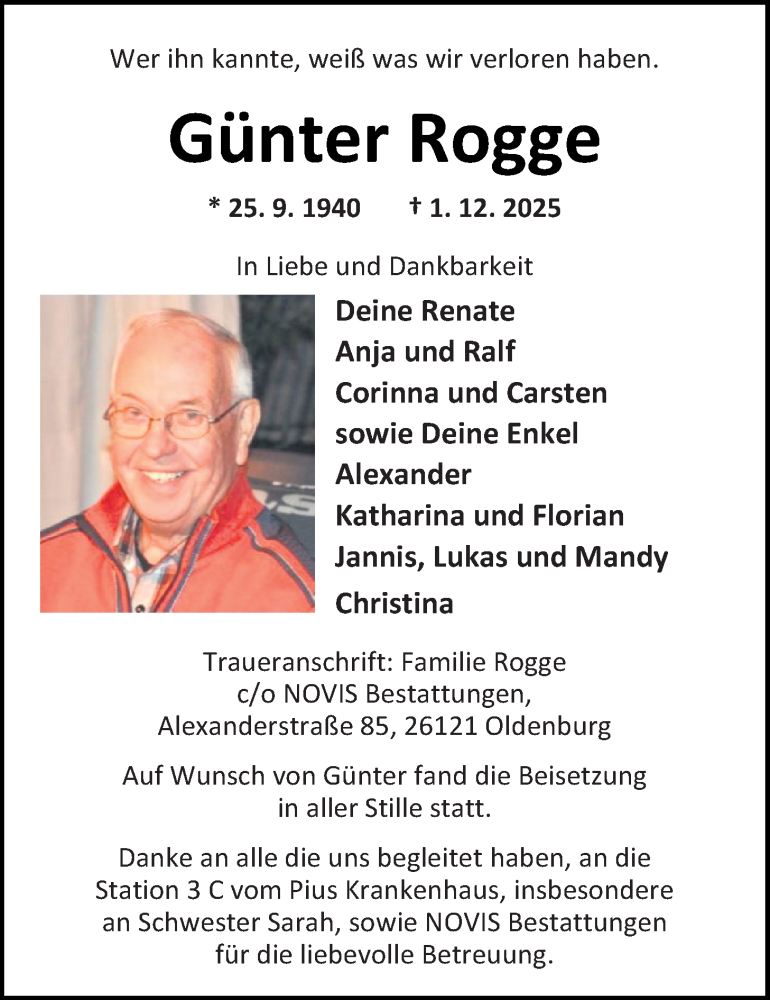  Traueranzeige für Günter Rogge vom 10.01.2026 aus Nordwest-Zeitung