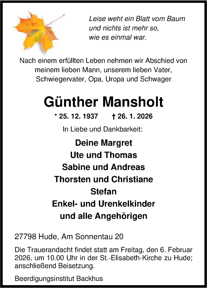  Traueranzeige für Günther Mansholt vom 29.01.2026 aus Nordwest-Zeitung