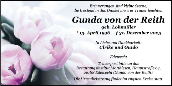 Traueranzeige von Gunda von der Reith von Nordwest-Zeitung
