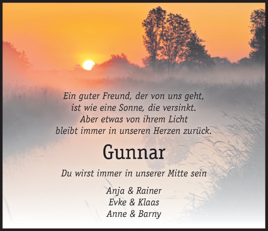 Traueranzeige von Gunnar  von WZ/JW/AH