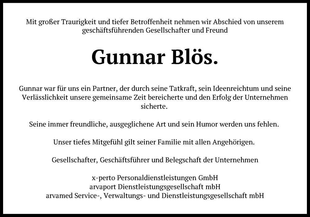  Traueranzeige für Gunnar Blös vom 31.01.2026 aus WZ/JW/AH