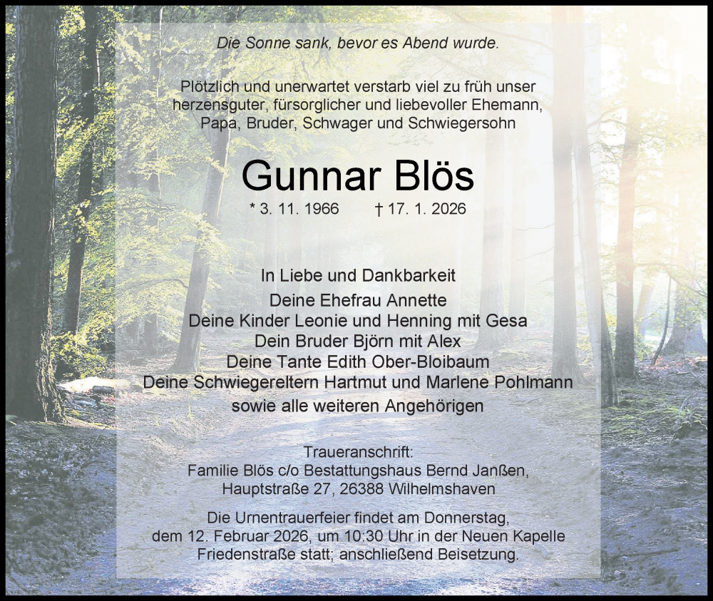  Traueranzeige für Gunnar Blös vom 31.01.2026 aus WZ/JW/AH