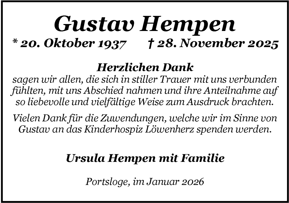  Traueranzeige für Gustav Hempen vom 30.01.2026 aus Nordwest-Zeitung