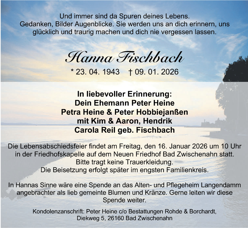  Traueranzeige für Hanna Fischbach vom 14.01.2026 aus Nordwest-Zeitung
