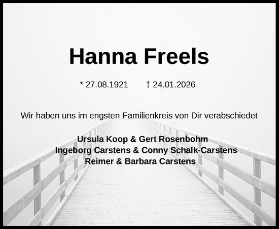 Traueranzeige von Hanna Freels von Nordwest-Zeitung