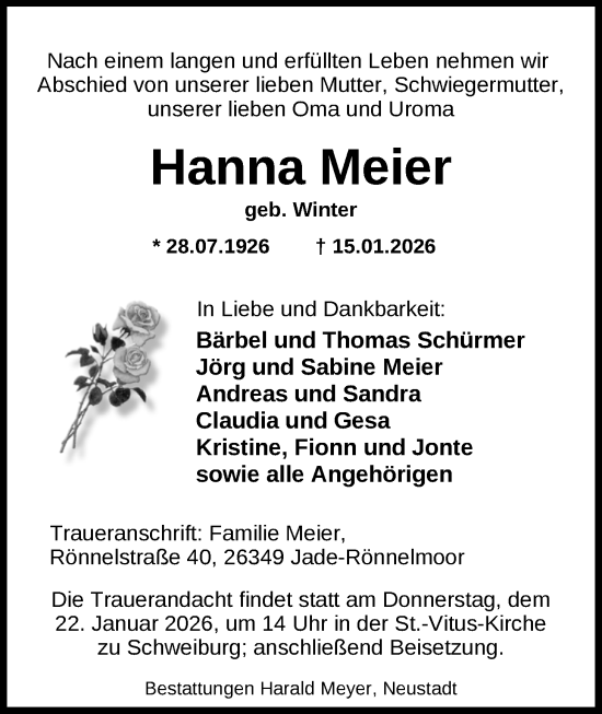 Traueranzeige von Hanna Meier von Nordwest-Zeitung