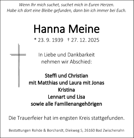 Traueranzeige von Hanna Meine von Nordwest-Zeitung