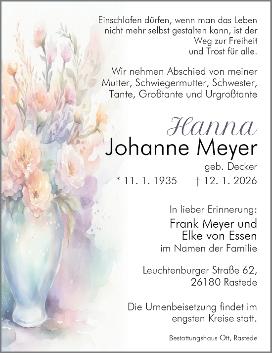 Traueranzeige von Hanna Johanne Meyer von Nordwest-Zeitung
