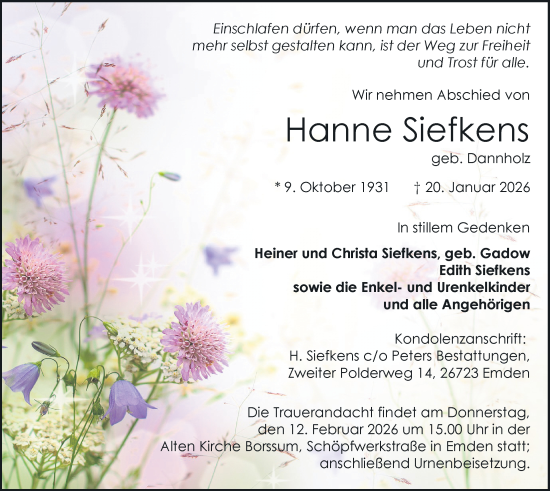 Traueranzeige von Hanne Siefkens von Emder Zeitung