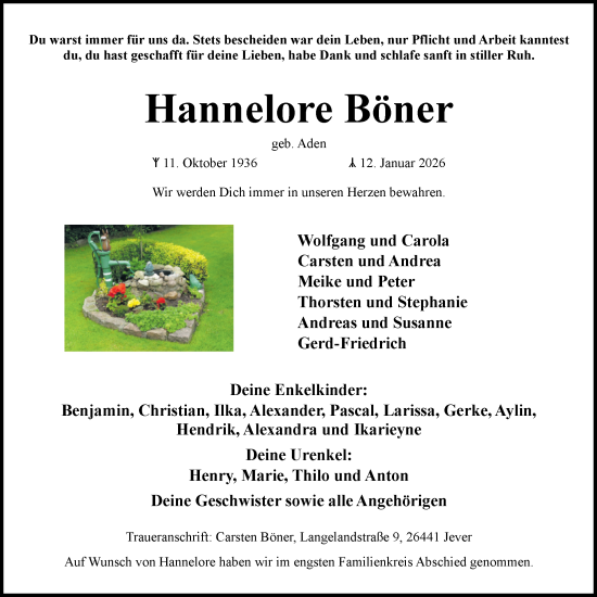 Traueranzeige von Hannelore Böner von WZ/JW/AH