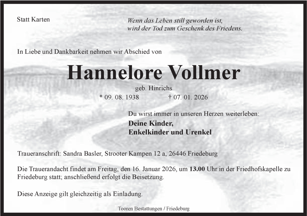  Traueranzeige für Hannelore Vollmer vom 12.01.2026 aus WZ/JW/AH