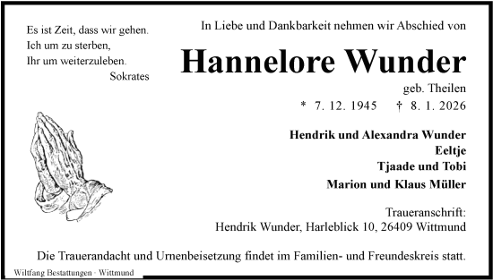 Traueranzeige von Hannelore Wunder von WZ/JW/AH