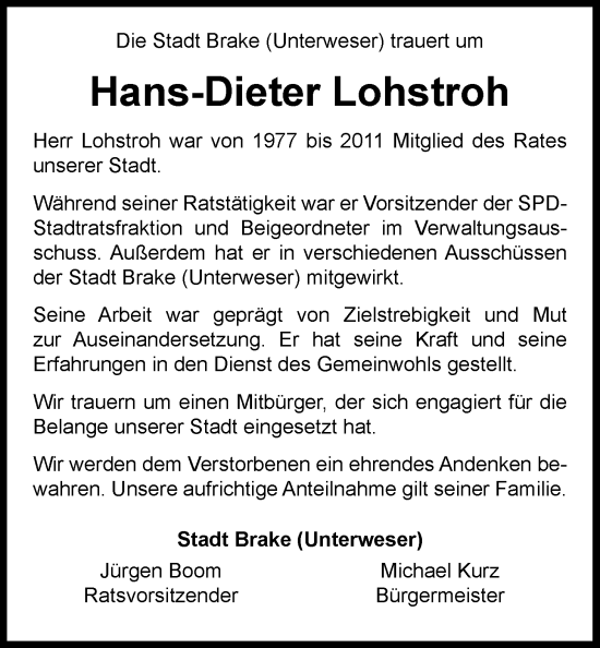 Traueranzeige von Hans-Dieter Lohstroh von Nordwest-Zeitung