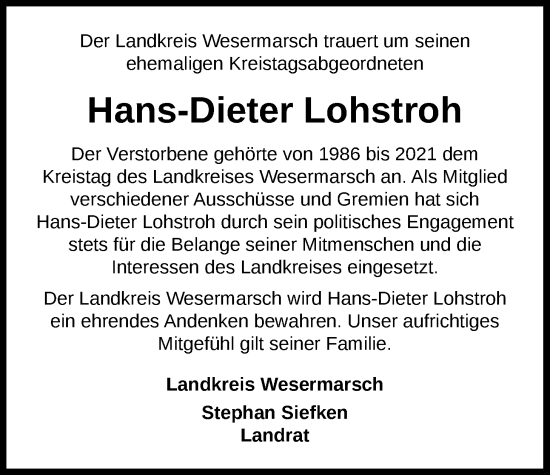 Traueranzeige von Hans-Dieter Lohstroh von Nordwest-Zeitung