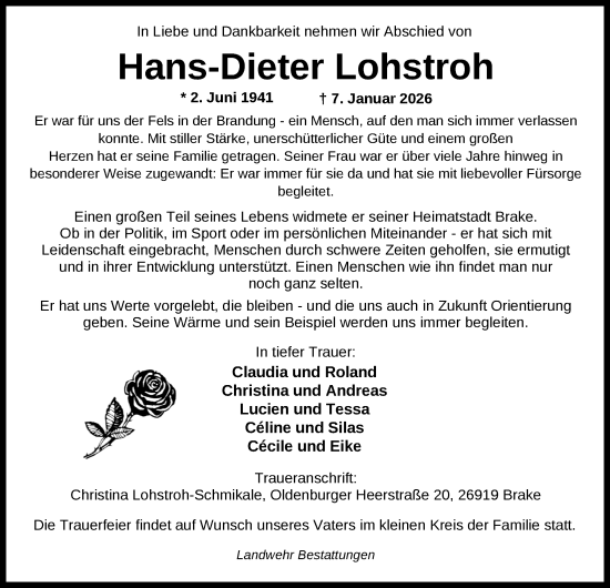 Traueranzeige von Hans-Dieter Lohstroh von Nordwest-Zeitung