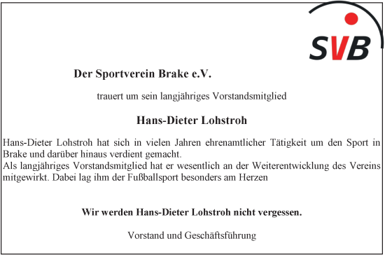 Traueranzeige von Hans-Dieter Lohstroh von Nordwest-Zeitung
