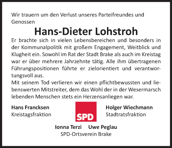 Traueranzeige von Hans-Dieter Lohstroh von Nordwest-Zeitung