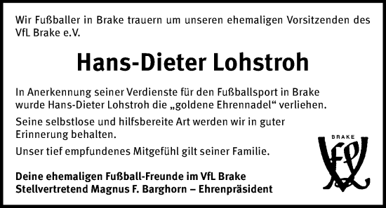 Traueranzeige von Hans-Dieter Lohstroh von Nordwest-Zeitung