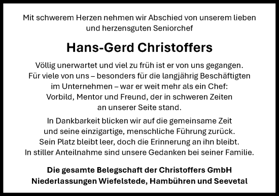Traueranzeige von Hans-Gerd Christoffers von Nordwest-Zeitung