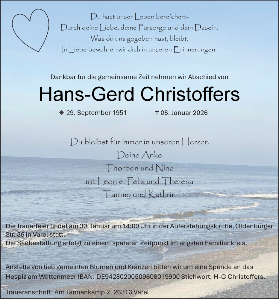  Traueranzeige für Hans-Gerd Christoffers vom 24.01.2026 aus Nordwest-Zeitung